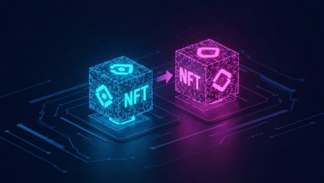 a visual representation of nfts: transition between two digital cubes symbolizing the transformation of assets in the blockchain ecosystem