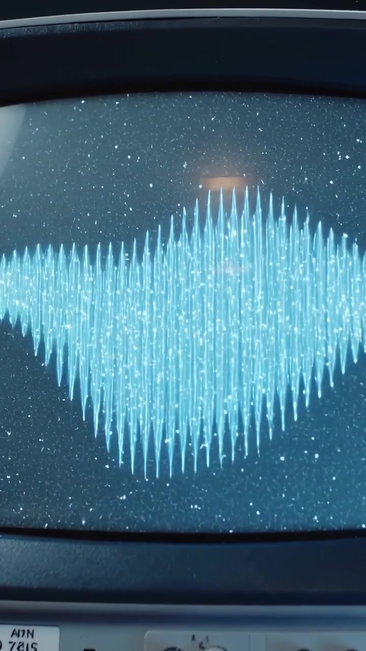 Vertikal video: Viser CRT-skærm med signal, pulserende cyan bølgeform ved dæmpede konsolknapper og stjerner