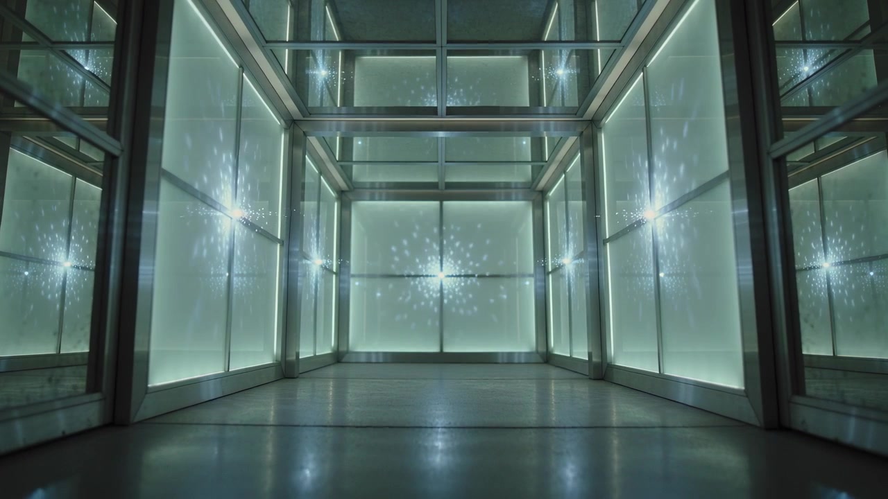 Shifting light moving frosted glass cube from warm amber to cool cyan in gallery reflecting mirror