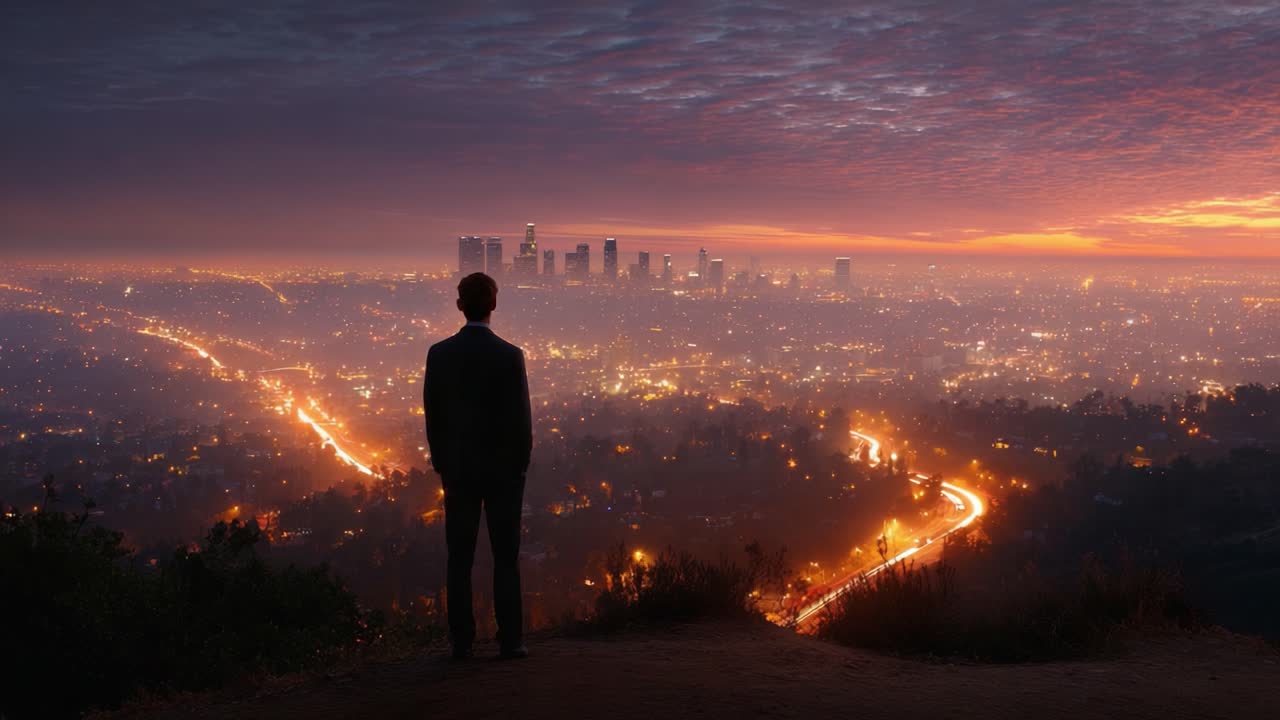A contemplative figure stands amidst a stunning twilight sky, overlooking a sprawling city illuminated by vibrant lights, evoking a sense of wonder and introspection