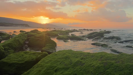 Rocas-Cubiertas-De-Algas-En-Una-Playa-Serena-Durante-Una-Magnífica-Puesta-De-Sol