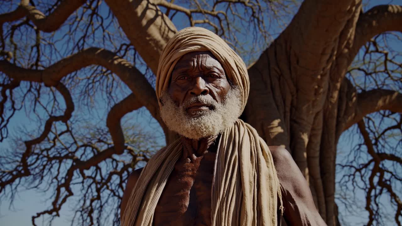 African elder with a white beard and traditional turban, posing gracefully under a majestic baobab tree, radiating wisdom and embodying rich cultural heritage