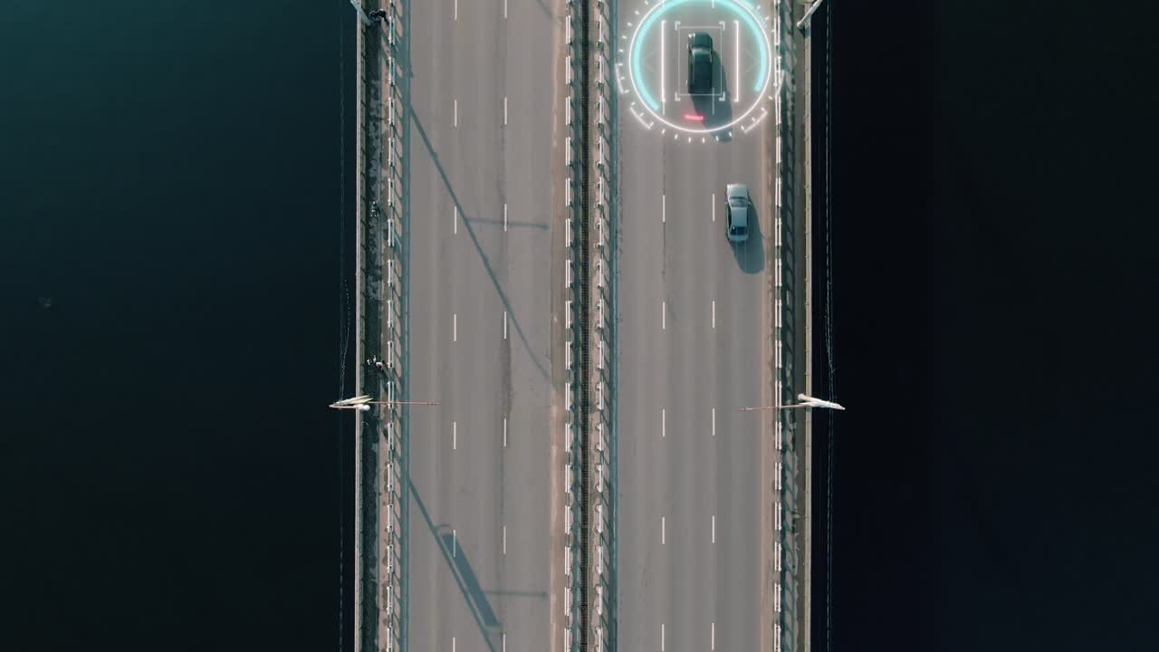 Aerial View of Bridge with Cars and Tracking Overlay