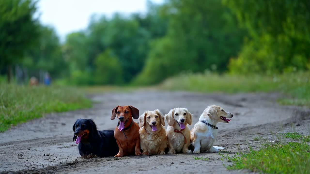 Funny dachshund dogs in the street. Group of pet animals sitting on the road and resting together. Portraits of five dogs on green nature background.