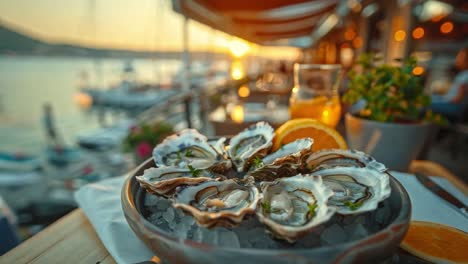 luxury dining experience: fresh oysters with ocean view at sunset