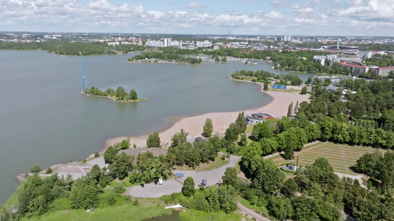 Aerial view around the Hietaniemi beach, sunny, summer day in Helsinki