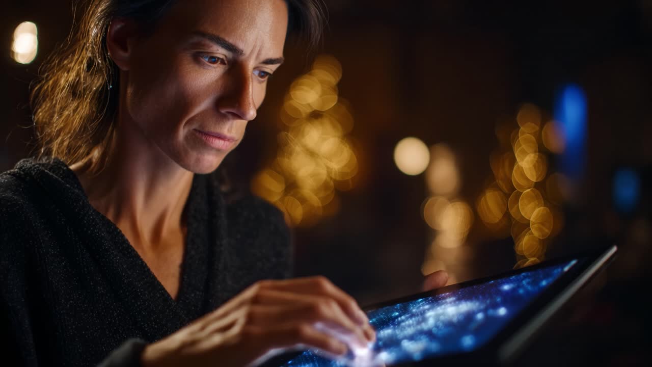 Una donna concentrata interagisce con un tablet ad alta tecnologia, mostrando un mix di concentrazione e stupore in un ambiente caldo e intimo, illuminato da luci natalizie.