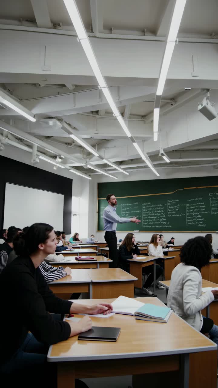 Foto grandangolare di un'aula con un insegnante che coinvolge gli studenti