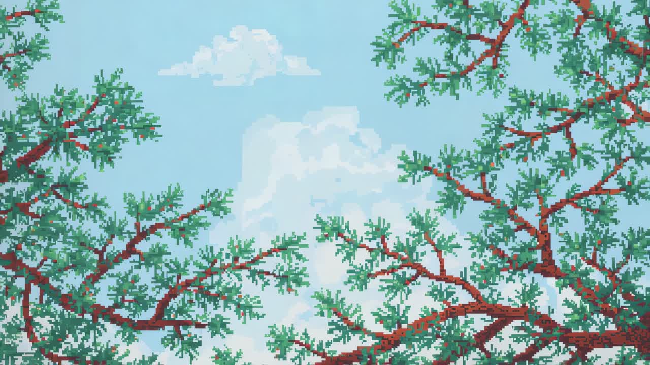 Panning viewport revealing more right trunk, pixel-art blue sky and small clouds, foliage swaying