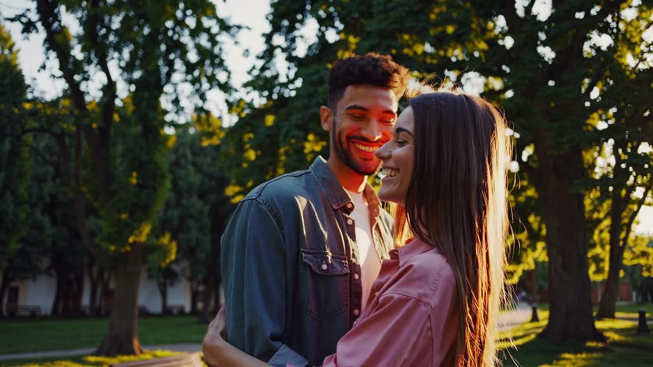 Um casal alegre se abraça em um parque, capturado de um ângulo lateral