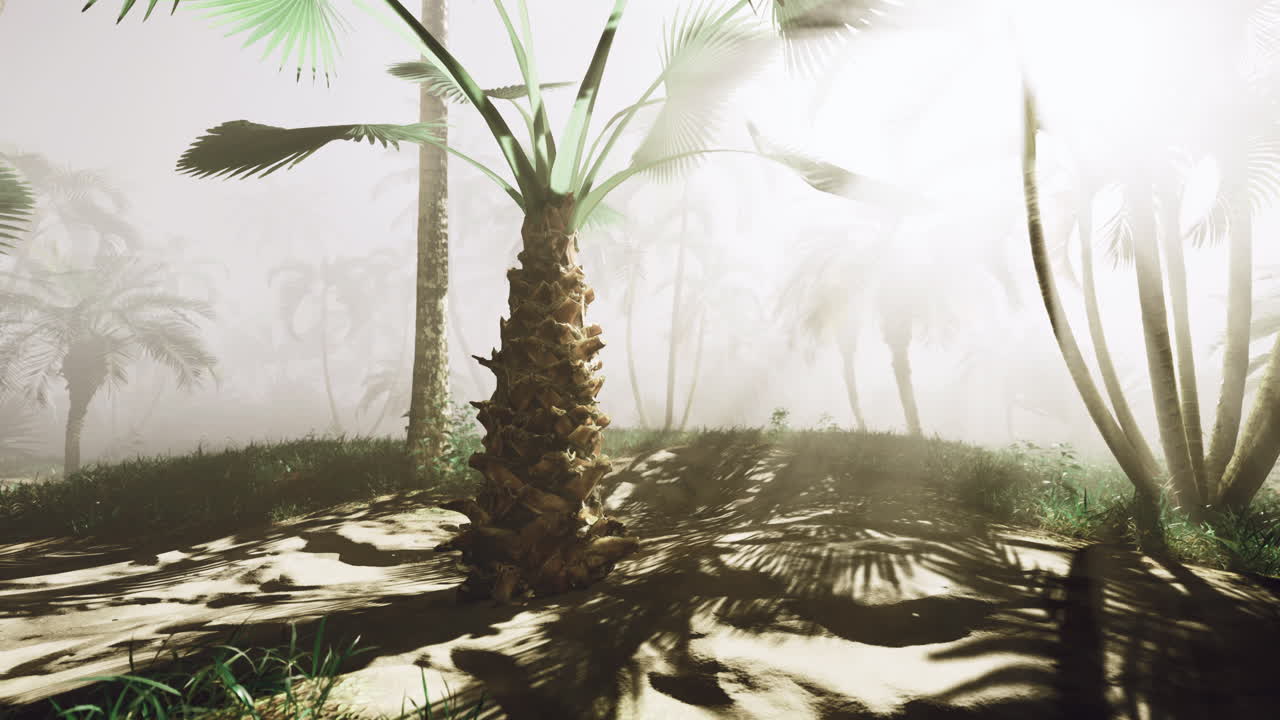 Misty tropical landscape with palm trees under soft sunlight