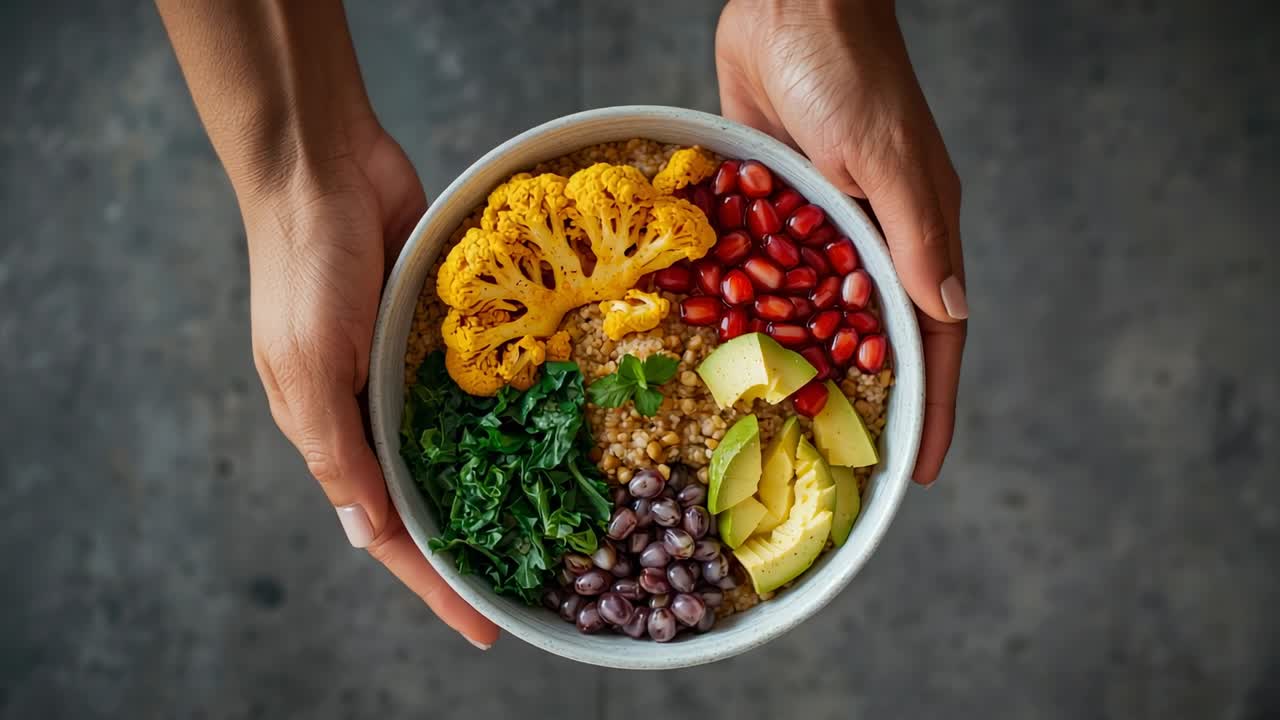 Entering frame bare hands adjusting ceramic bowl on gray countertop, presenting plant-based meal