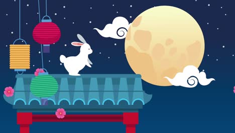 mid autumn festival animation with rabbit and lamps in arch