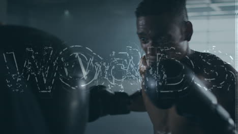 animación de procesamiento de datos y textos motivadores sobre el boxeo de hombres en forma afroamericanos en el gimnasio
