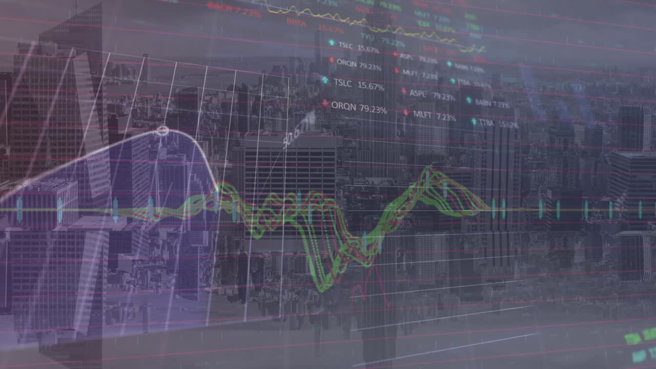 animación del procesamiento de datos estadísticos y bursátiles frente a una vista aérea del paisaje urbano