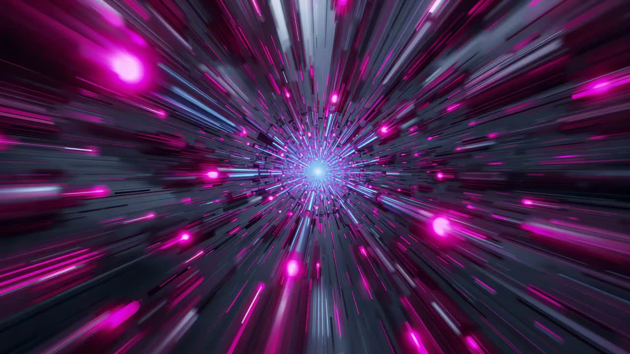 Telecamera in movimento che corre verso un nucleo blu in un vortice CGI, simulando un viaggio, con asticelle e scie rosa.