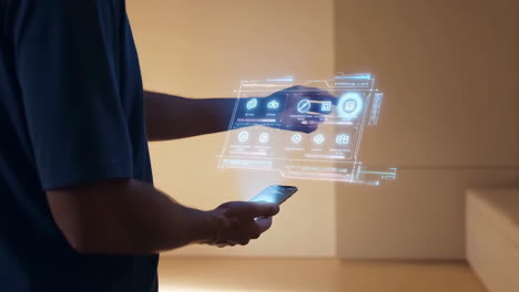 person interacting with futuristic holographic interface via smartphone