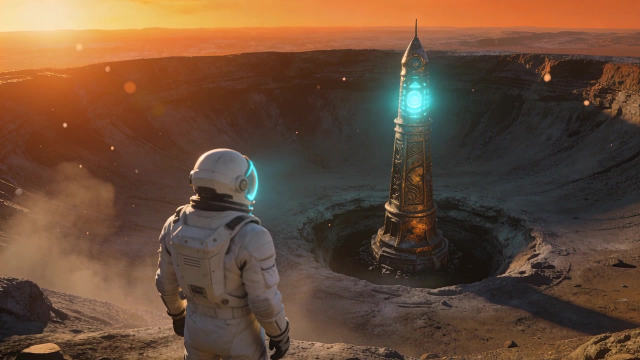 Astronaute debout en combinaison blanche observant un monolithe cyan pulsant au bord, sa lueur attirant le regard, l'étudiant.