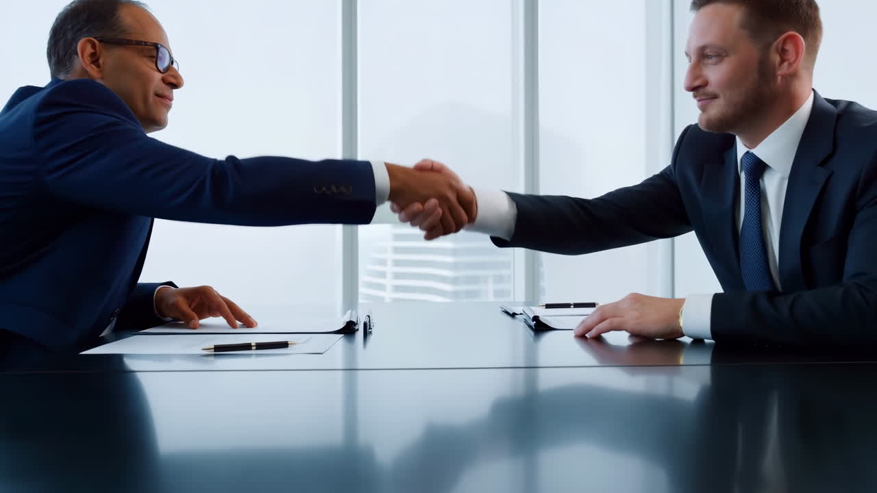 Asian And White Executives Reach Handshake Across Meeting Table, Negotiation Scene With Contract And Pens