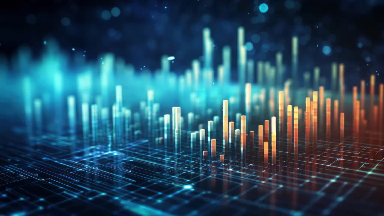 Abstract digital landscape with glowing bars and gridlines, captured from a low-angle view