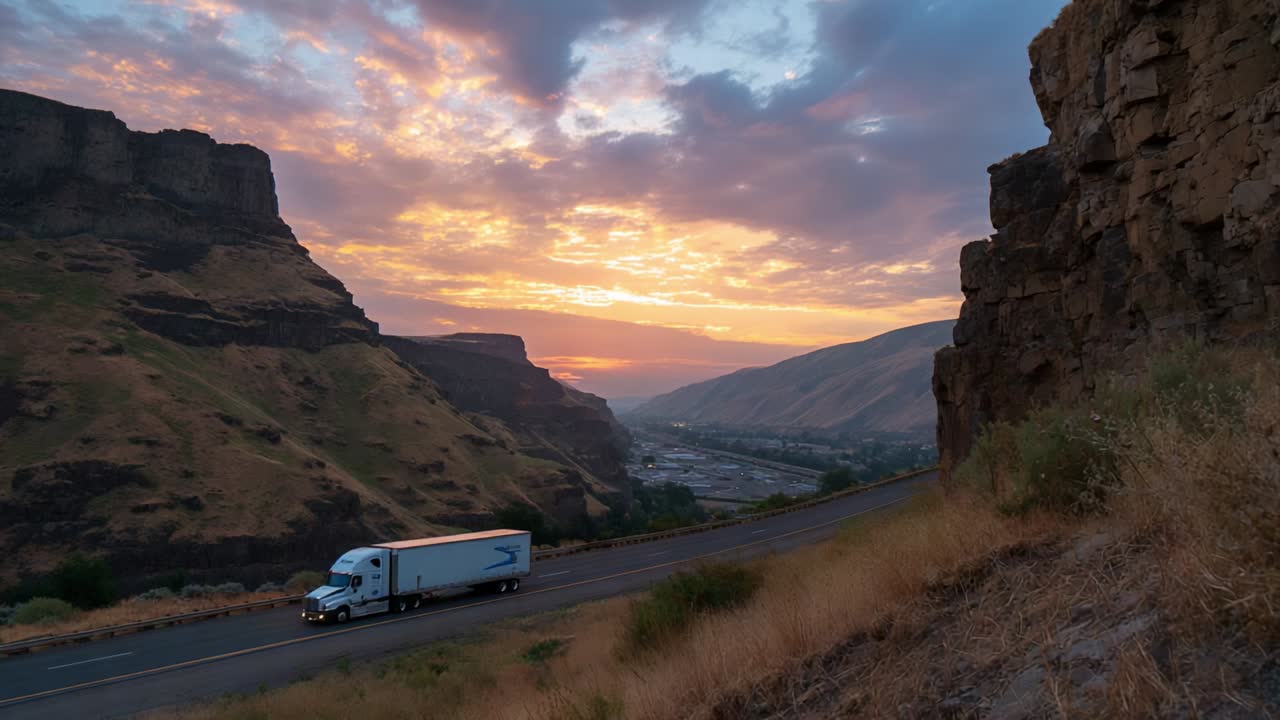 A Scenic Journey Through Majestic Landscapes at Dawn Featuring a Truck on a Winding Road Alongside Dramatic Hills and Vivid Skies, Capturing the Essence of Nature's Beauty in Morning Light