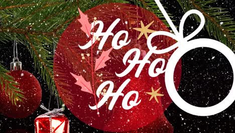 animation of ho ho ho text over snow falling and christmas tree on black background