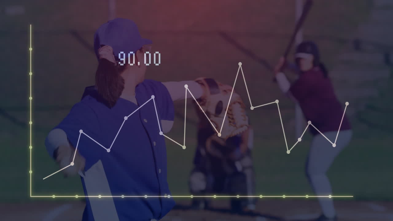 female pitcher winding up throw on grass field, line chart overlay showing sports analytics data