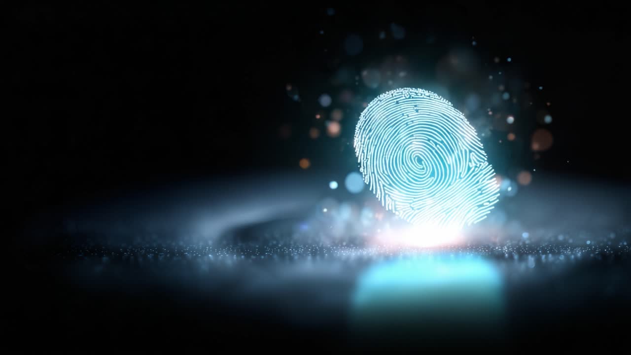 A Glimmering Fingerprint Emerges from a Swirl of Colorful Particles, Emphasizing Unique Identity and Digital Security in a High-Tech Environment