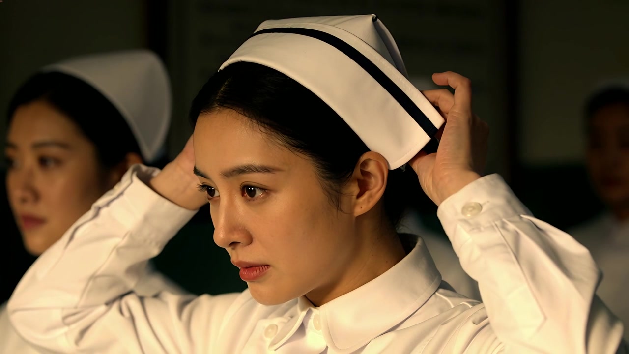 Un'infermiera asiatica in uniforme bianca si sistema prima del servizio, lisciando e fissando la cuffia con una striscia nera.