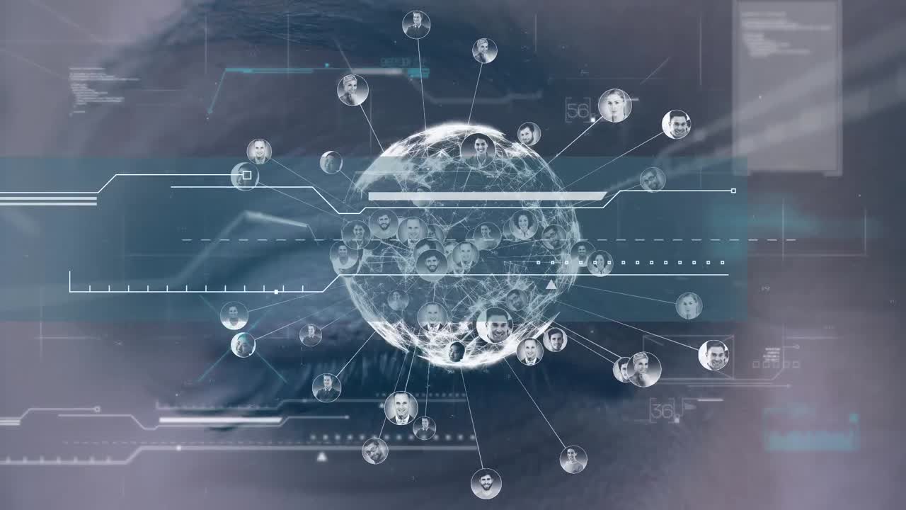 데이터 프로세싱의 애니메이션, 연결의 네트워크와 백인 여성의 눈 위의 지구