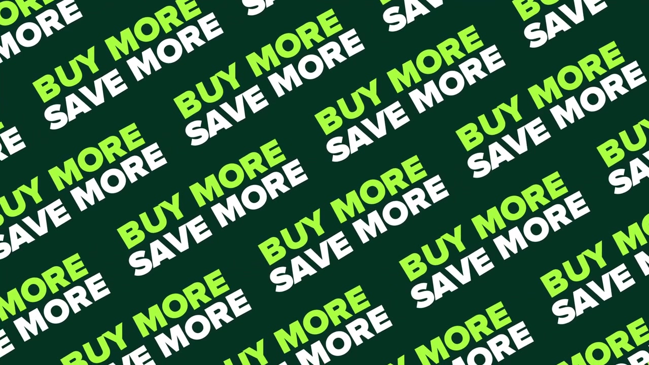 Animated Buy More Save More Text Pattern on Green Background