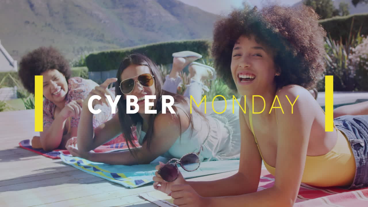 By pool, women relaxing with Cyber Monday animation overlay, enjoying sunny day