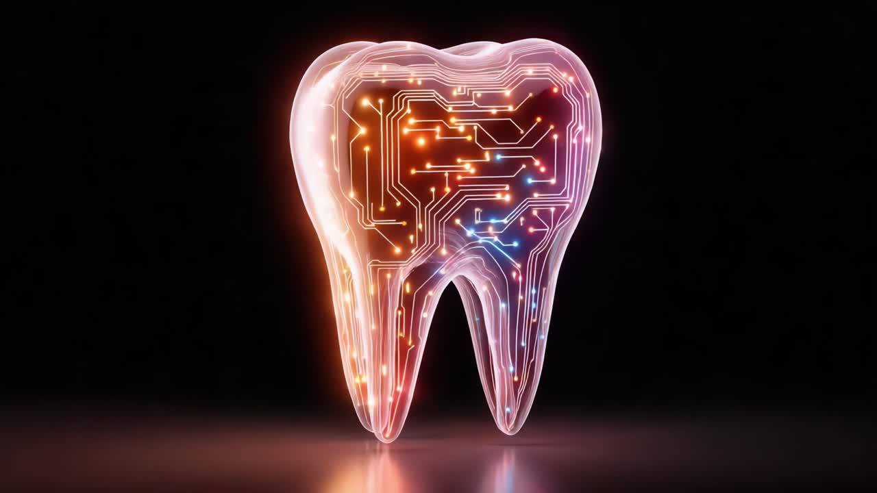 An Innovative Fusion of Technology and Dentistry: A Glowing Tooth with Intricate Circuitry Highlights the Future of Oral Health and Digital Innovations in Dental Care
