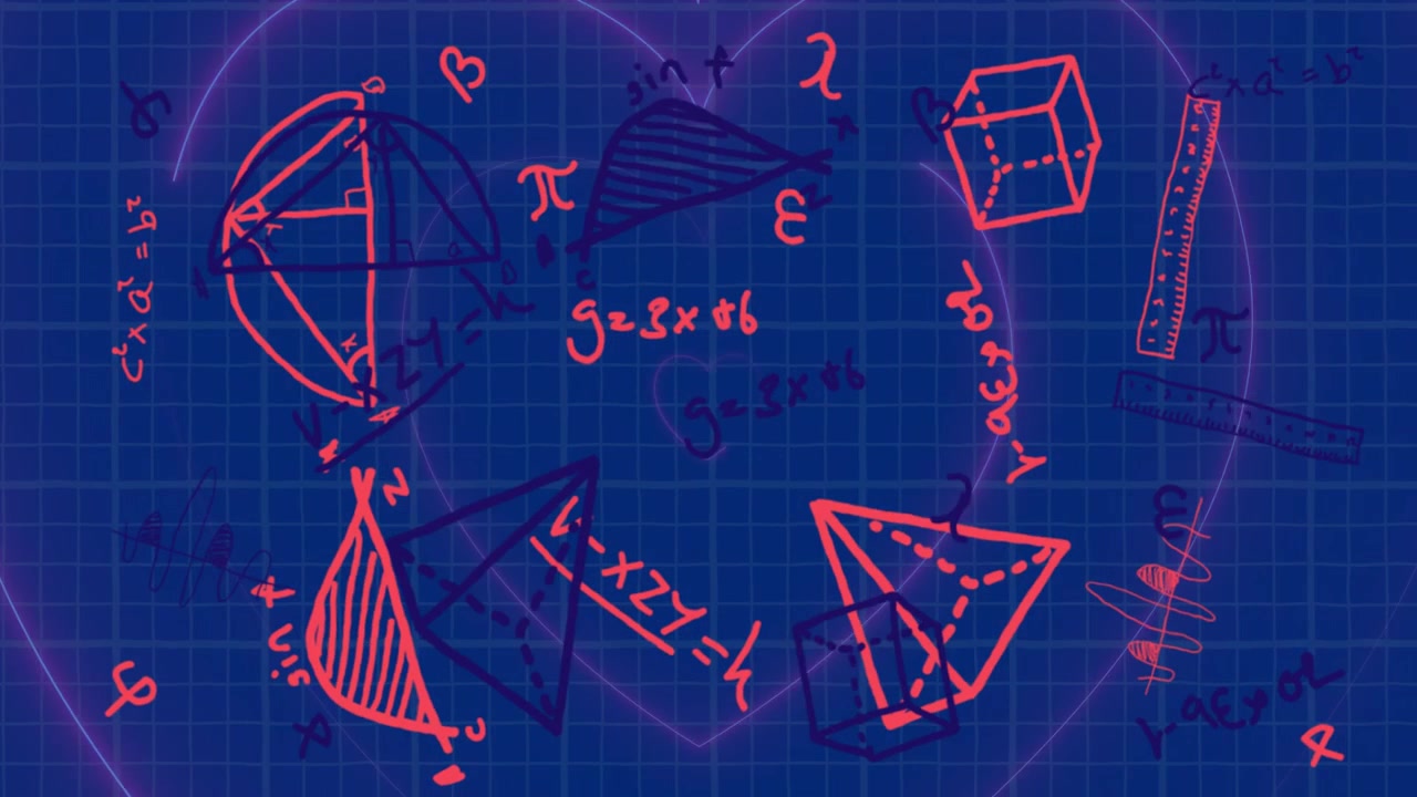 Loop start, purple halo pulsing and grid shimmering around red neon sketches, highlighting geometry