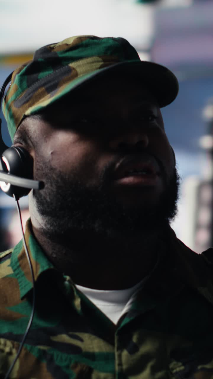 African American Soldier in Camouflage Uniform Wearing Headset