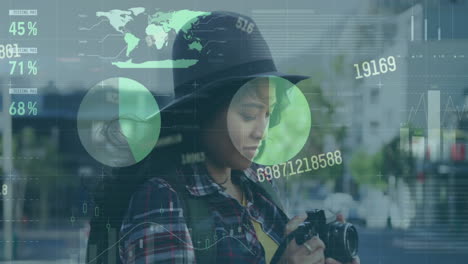 animación de la interfaz infográfica, cambios de números, mujer asiática haciendo clic en imágenes a través de la cámara