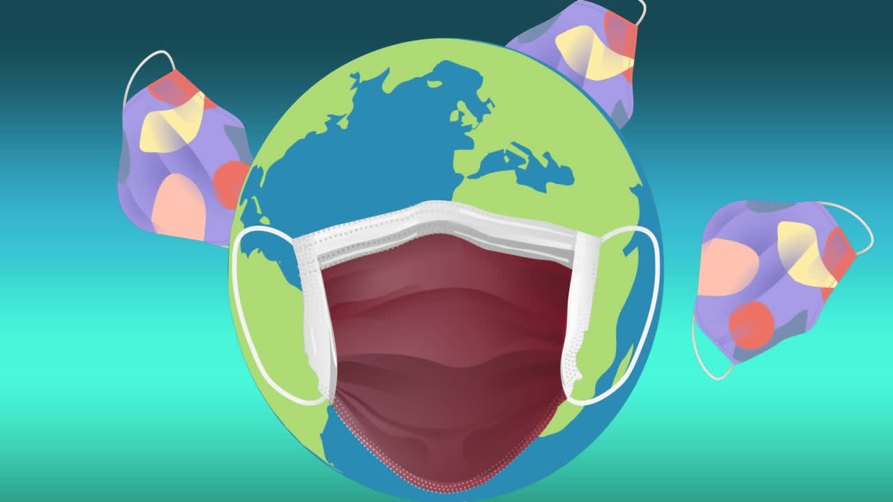 얼굴 마스크를 쓰고 전 세계에 떨어지는 얼굴 마스크의 애니메이션