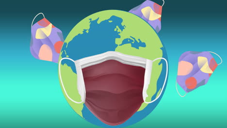 animation of falling face masks over globe wearing face mask