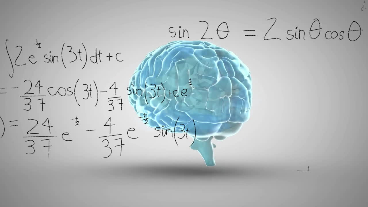 In school, animation of blue brain with mathematical equations floating around