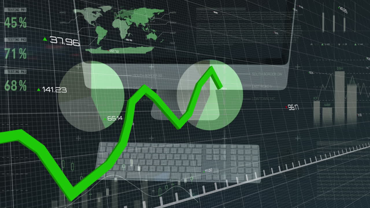 animación de las estadísticas con línea verde y procesamiento de datos a través de teclado y cuadrícula.
