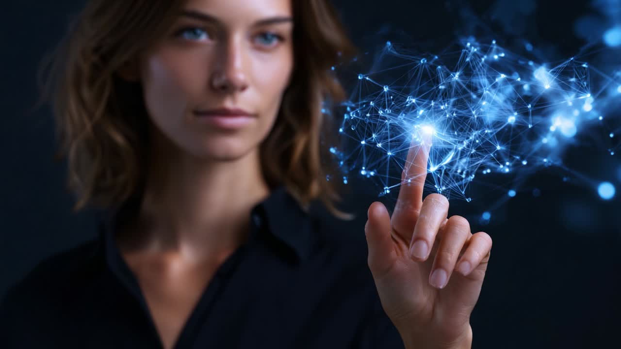 Engaging Interaction with Digital Connectivity: A Focused Woman Using a Holographic Interface to Explore Virtual Networks and Data - Symbolizing Innovation and Technological Advancement in Modern Communication