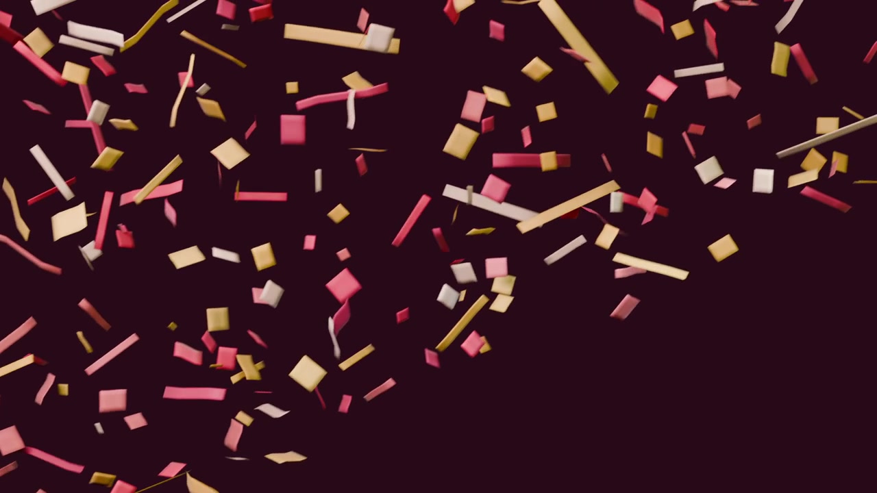 Ingresso dall'alto a sinistra, coriandoli e stelle filanti rosa e rossi che fluttuano su uno sfondo marrone, per festeggiare