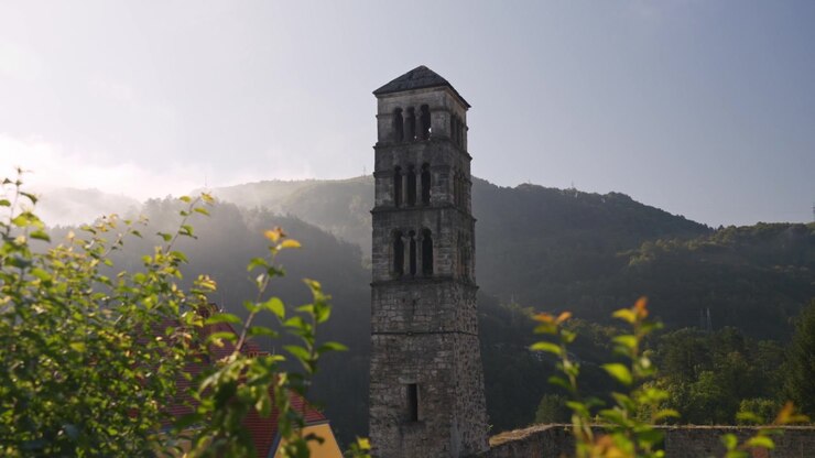 Cinematic shot of the city of Jajce in Bosnia and its view from the castle.