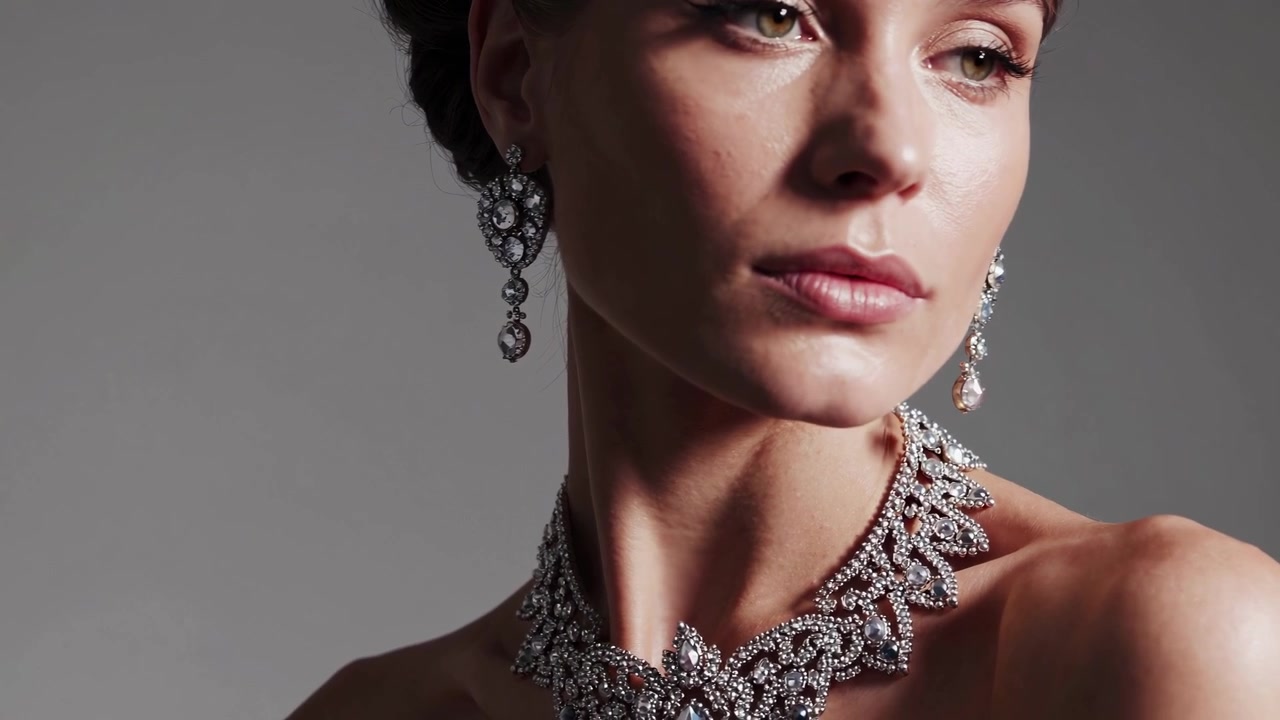 Elegant Woman Wearing Luxurious Diamond Jewelry Set