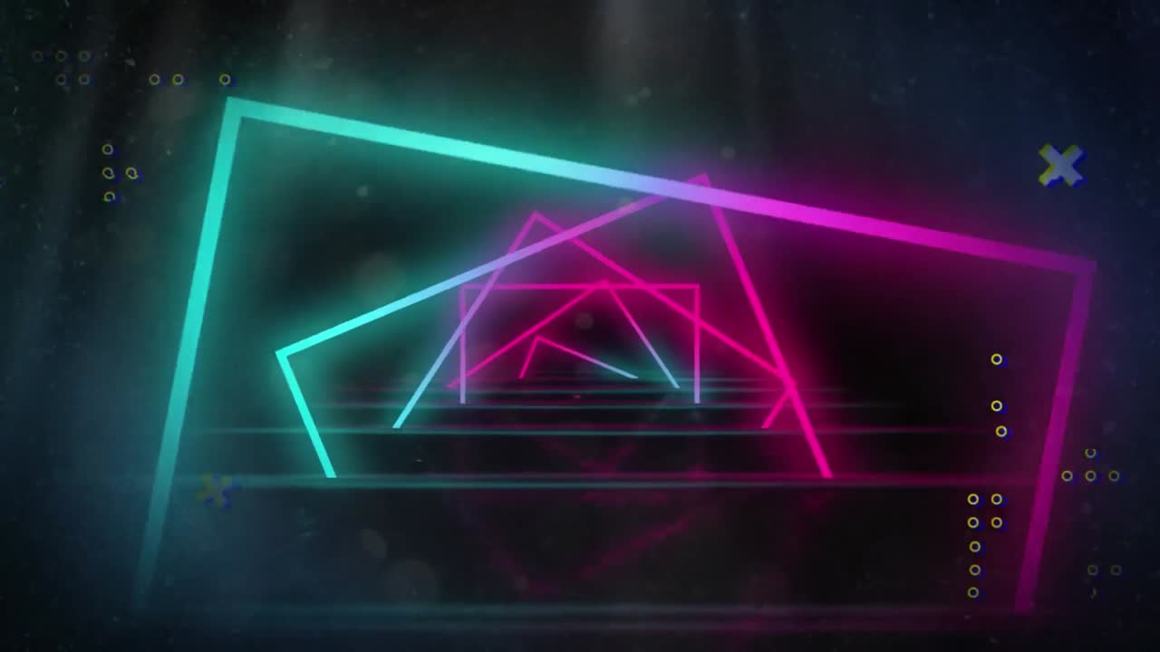 검은 바탕에 회전하는 파란색과 분홍색 네온 사각형과 함께  ⁇ 색 십자가와 점의 애니메이션