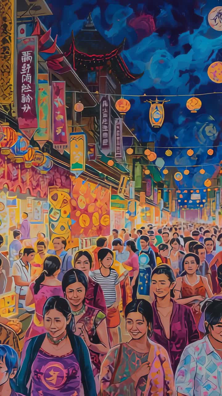 Vertical video: Camera panning mural of night market, revealing more lanterns, stalls, festive wear
