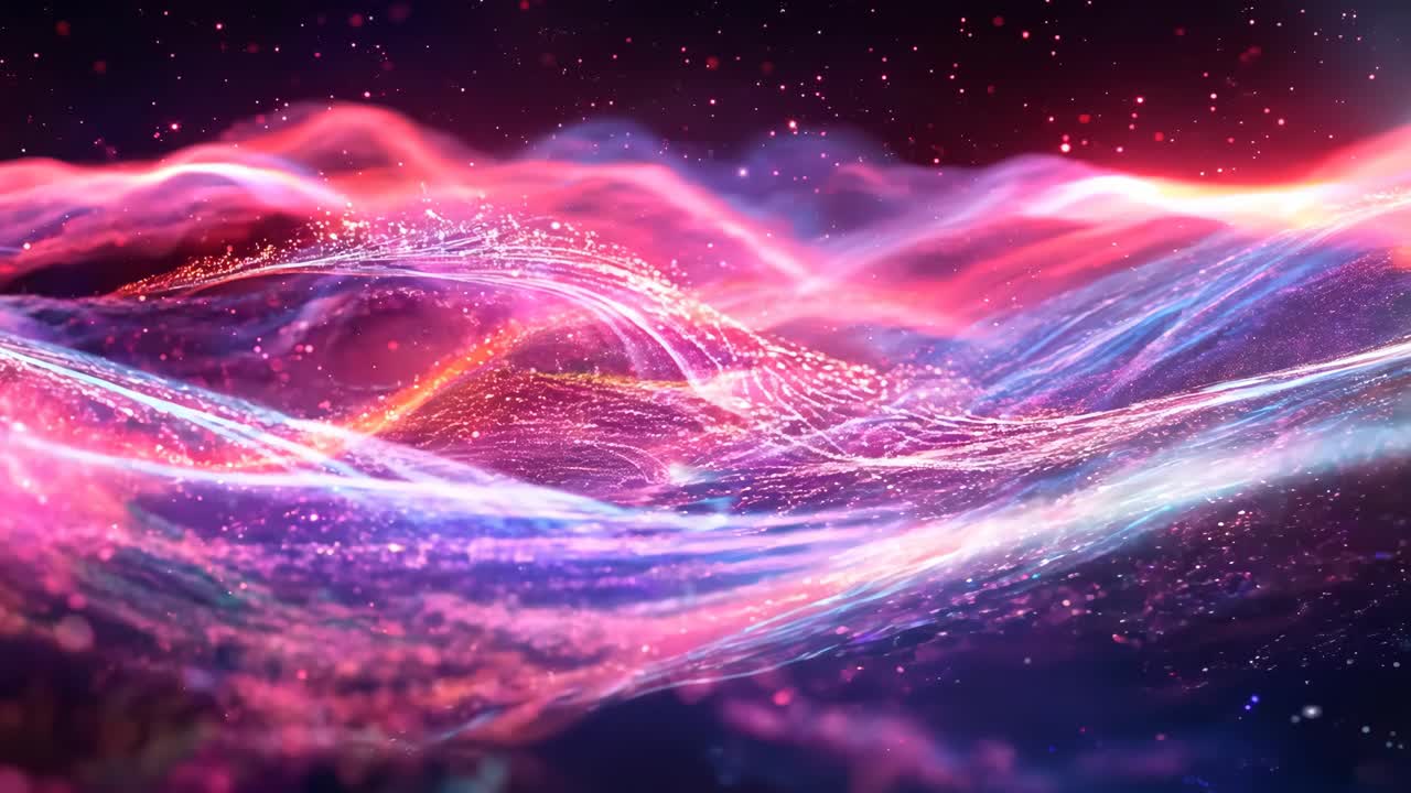 A colorful, swirling background with pink and blue waves. The waves are made up of glitter and appear to be moving
