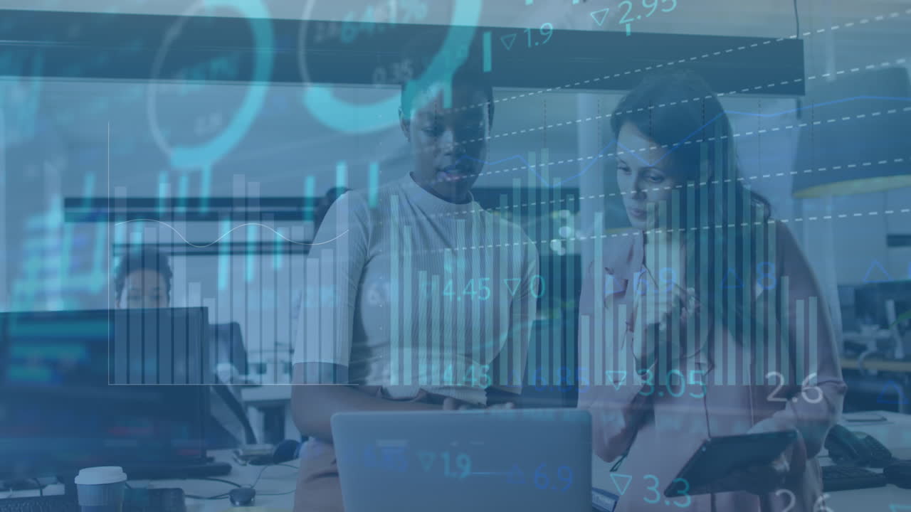 Animation of graphs, circles, bars, numbers, diverse female coworkers discussing reports on laptop