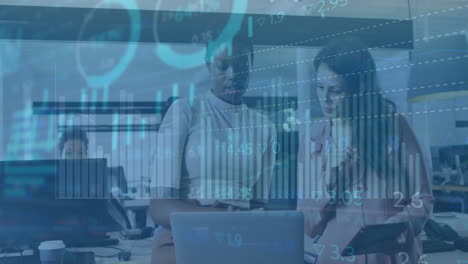 animation of graphs, circles, bars, numbers, diverse female coworkers discussing reports on laptop