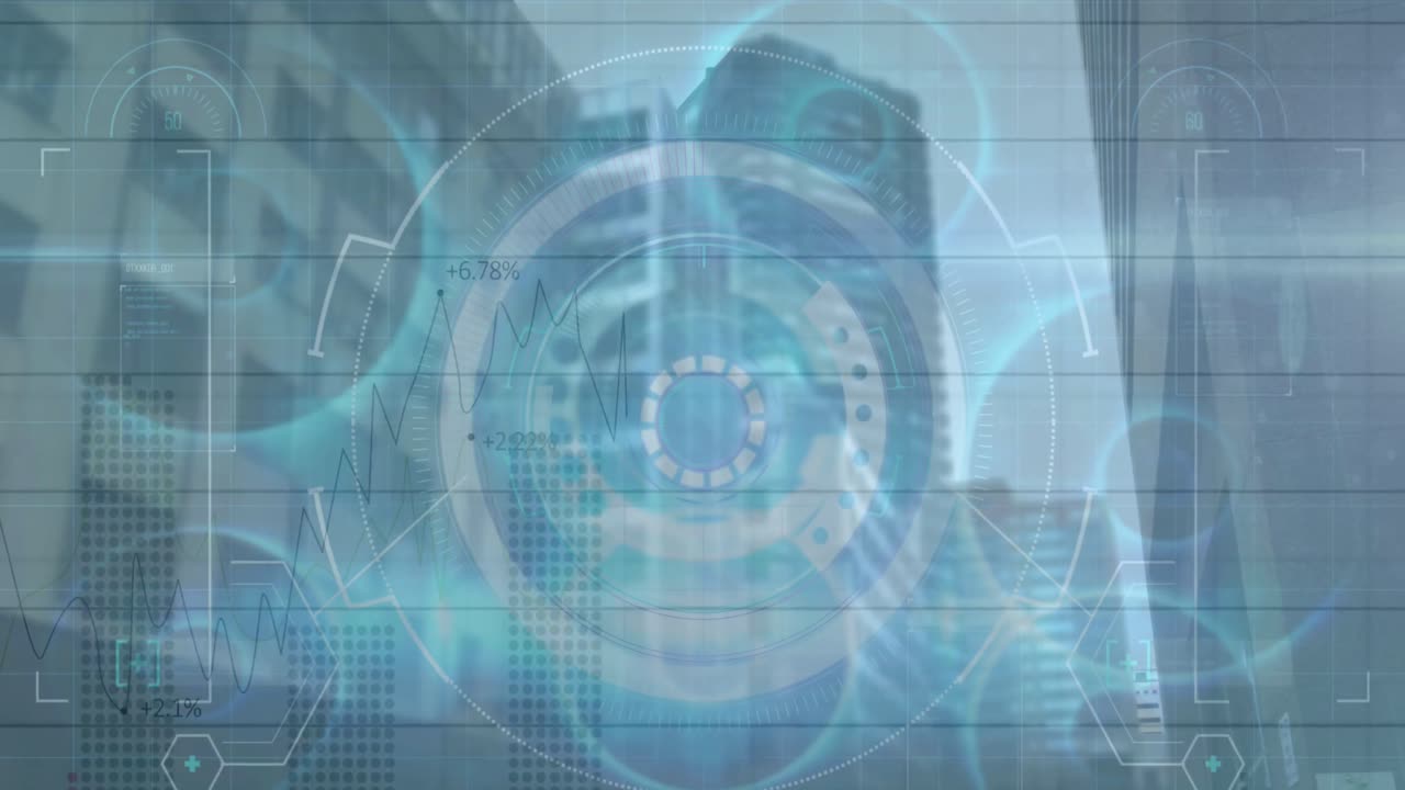 Animation of scope scanning and data processing over cityscape